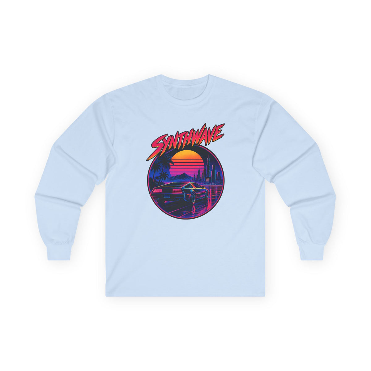 Synthwave Sunset Long Sleeve Tee — Retro Vaporwave Miami Night Graphic