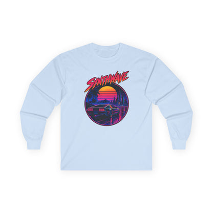 Synthwave Sunset Long Sleeve Tee — Retro Vaporwave Miami Night Graphic