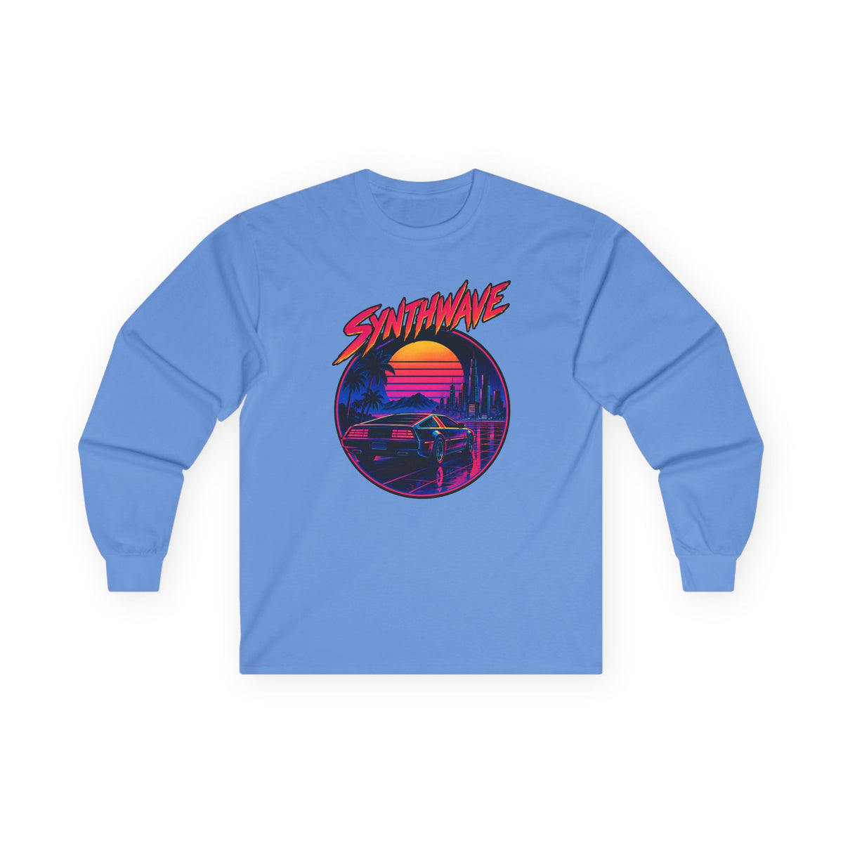 Synthwave Sunset Long Sleeve Tee — Retro Vaporwave Miami Night Graphic