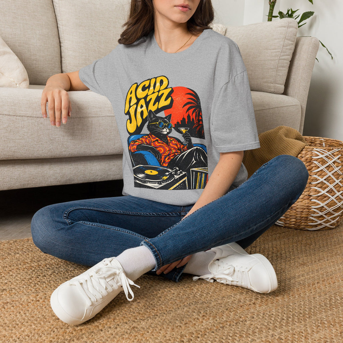 Acid Jazz T-Shirt - Retro Cat DJ Graphic Tee