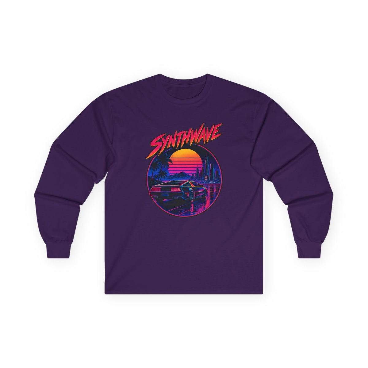 Synthwave Sunset Long Sleeve Tee — Retro Vaporwave Miami Night Graphic