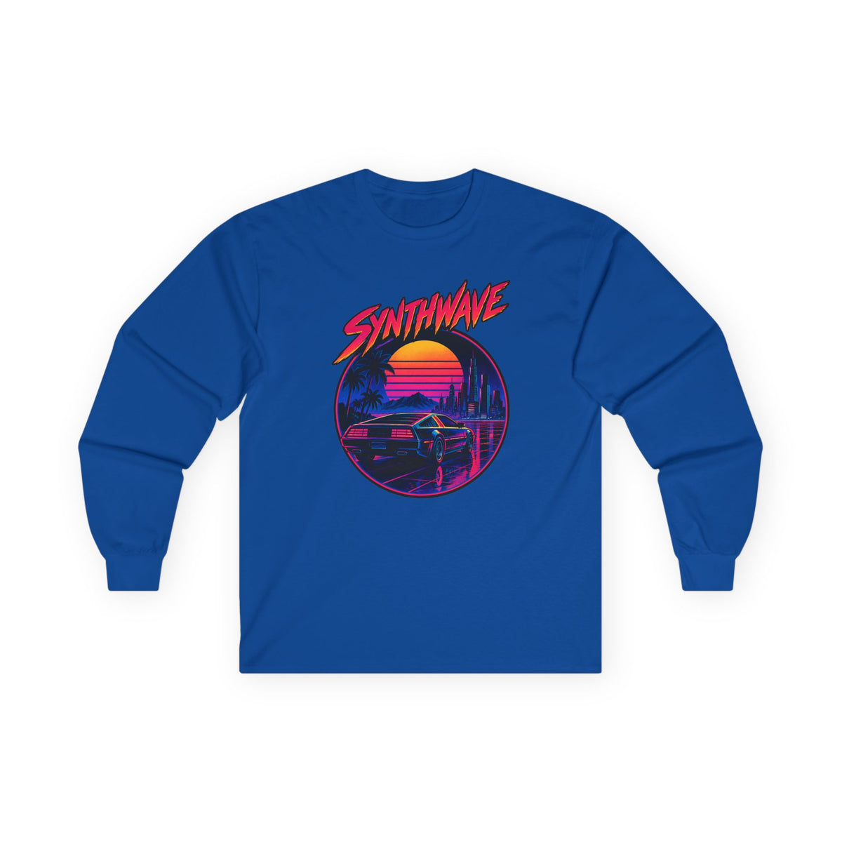 Synthwave Sunset Long Sleeve Tee — Retro Vaporwave Miami Night Graphic