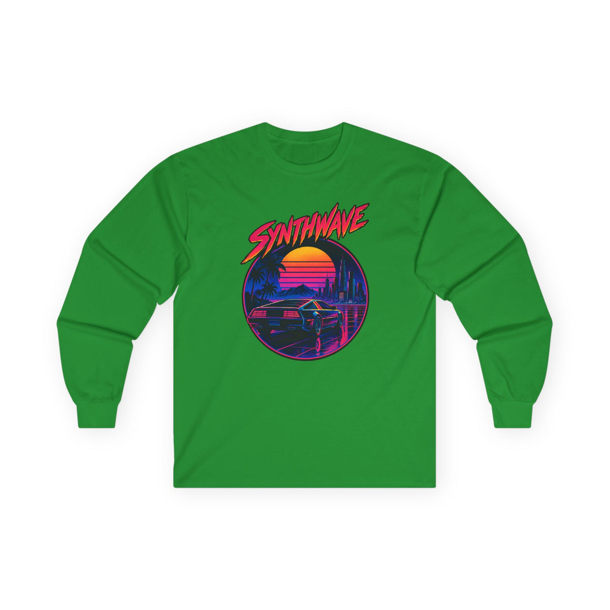 Synthwave Sunset Long Sleeve Tee — Retro Vaporwave Miami Night Graphic
