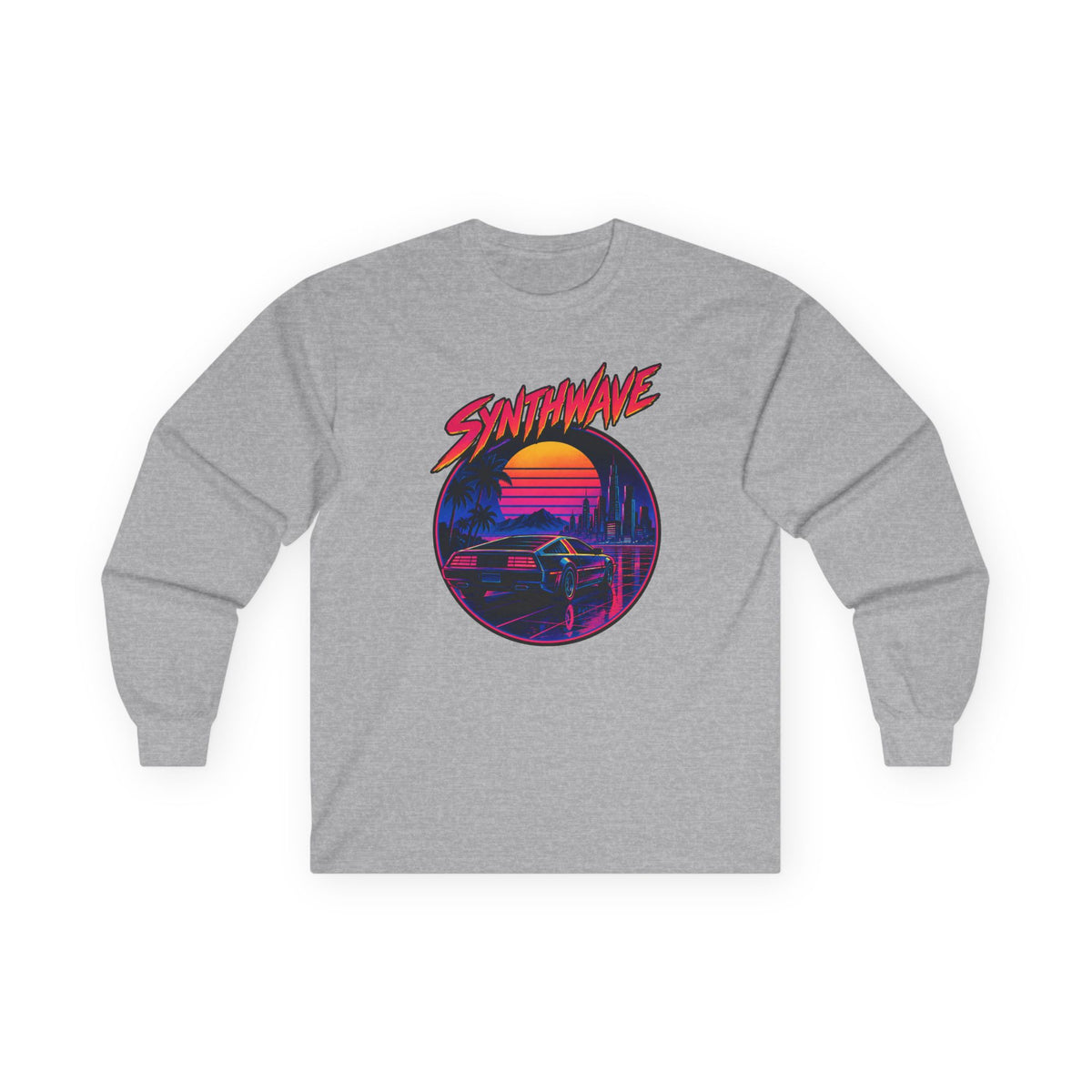 Synthwave Sunset Long Sleeve Tee — Retro Vaporwave Miami Night Graphic