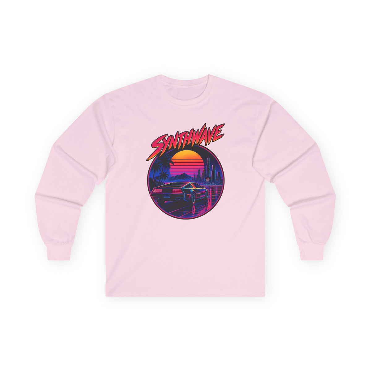 Synthwave Sunset Long Sleeve Tee — Retro Vaporwave Miami Night Graphic