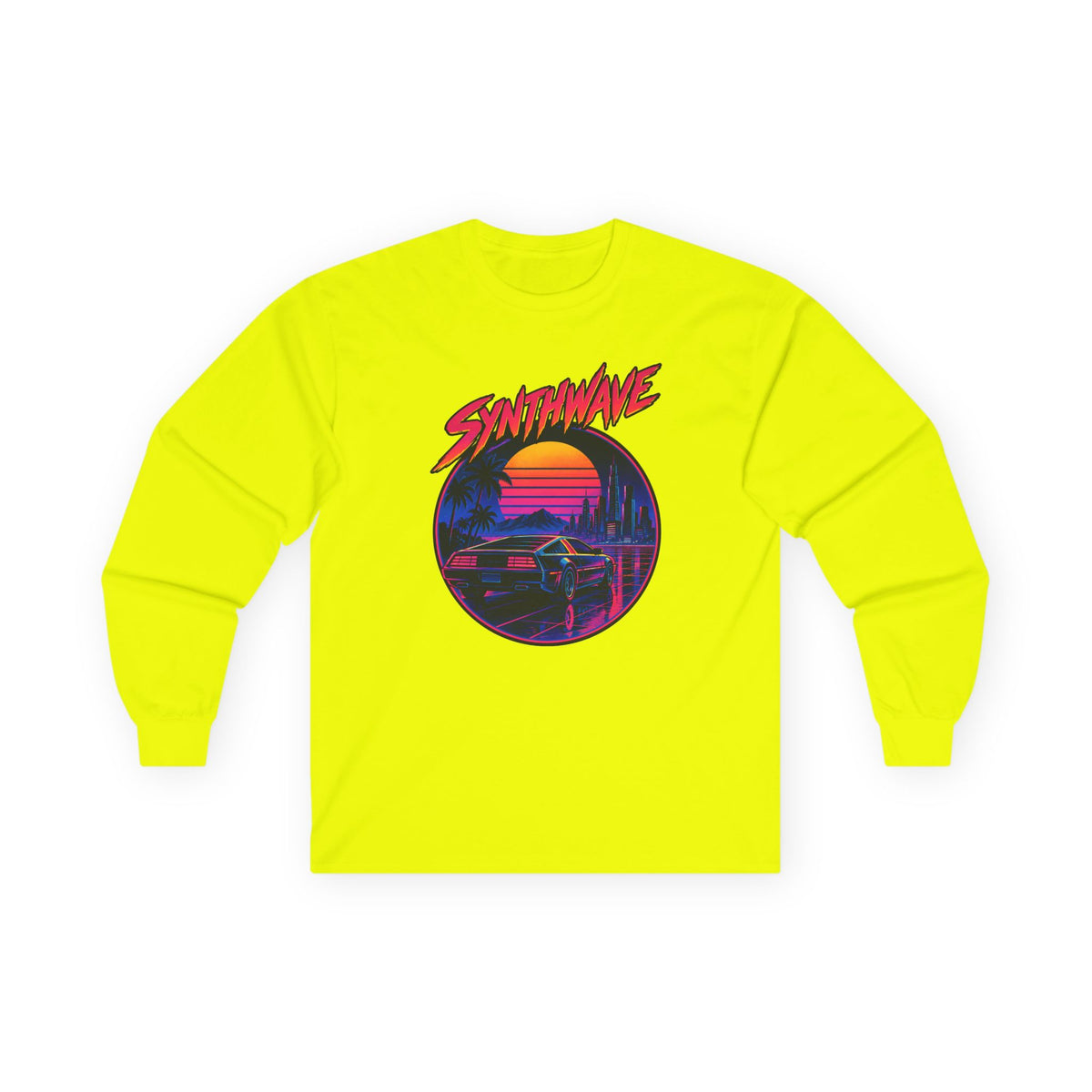 Synthwave Sunset Long Sleeve Tee — Retro Vaporwave Miami Night Graphic