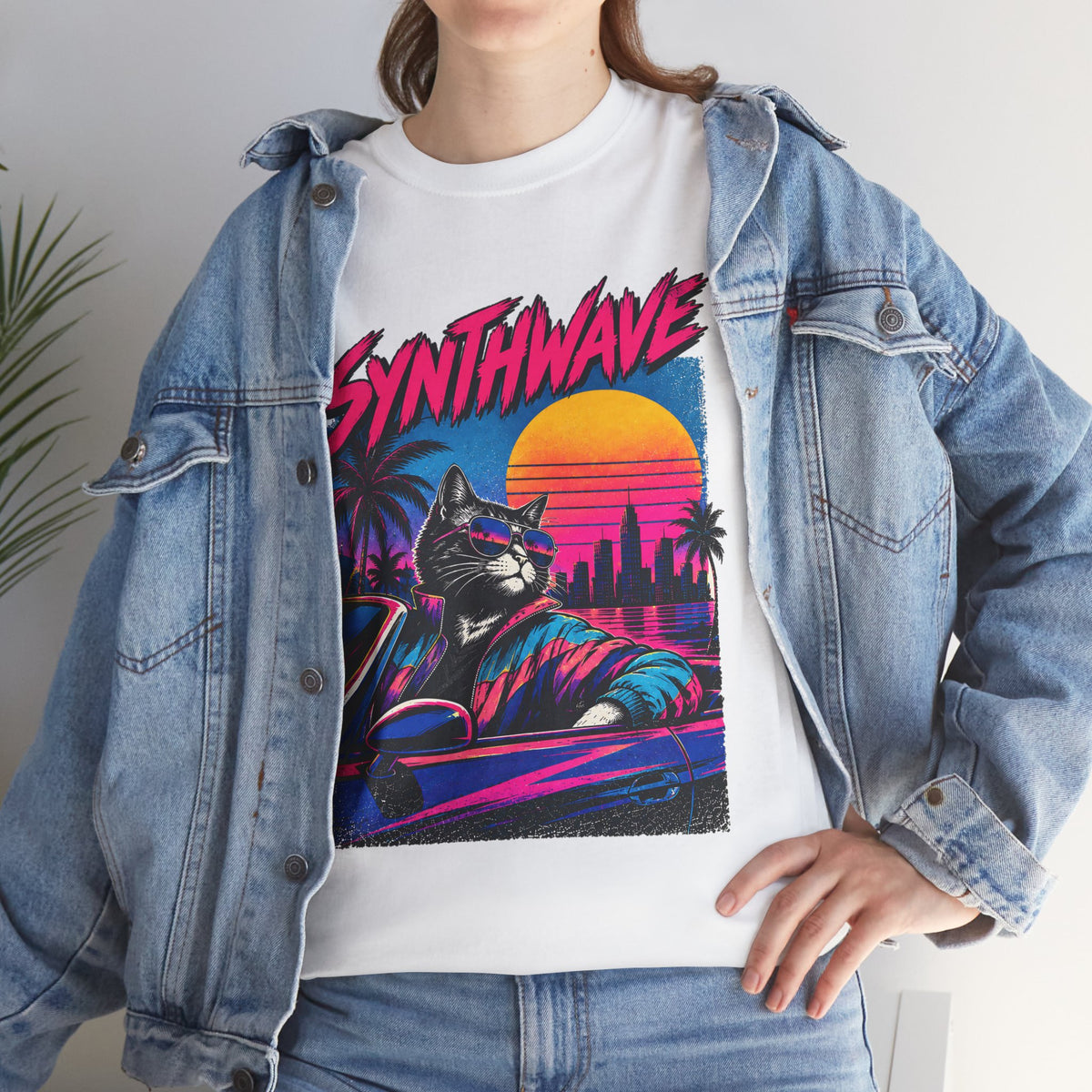 Synthwave Cat Tee — Retro 80s Sunset Driver Graphic T-Shirt