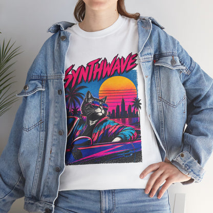 Synthwave Cat Tee — Retro 80s Sunset Driver Graphic T-Shirt