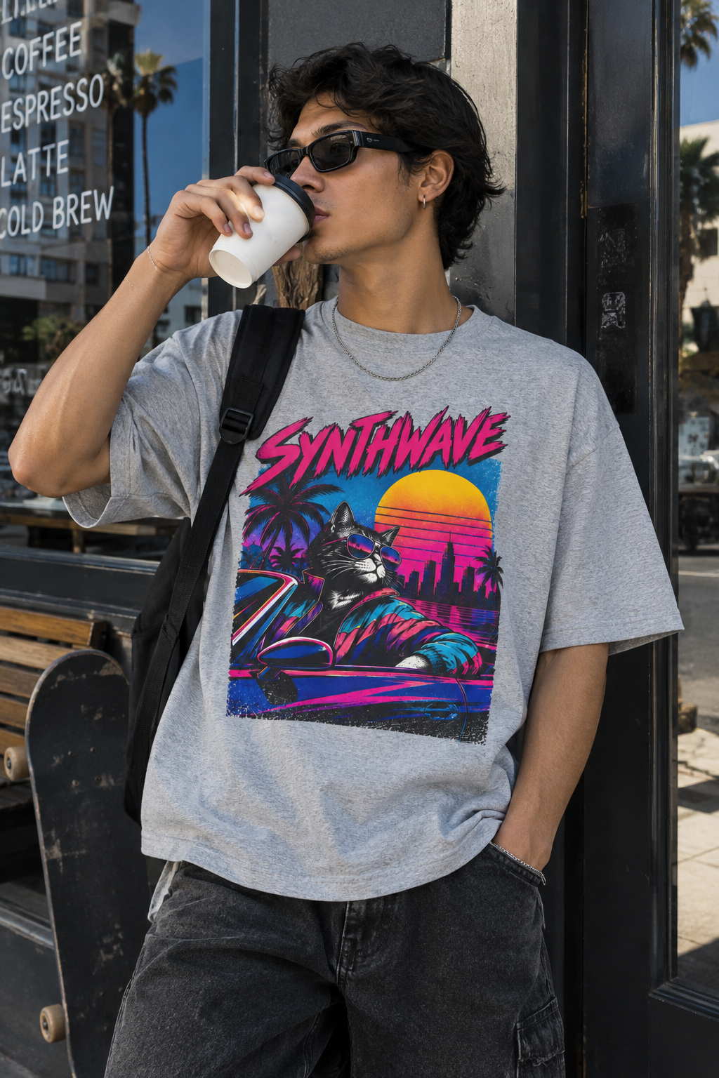 Synthwave Cat Tee — Retro 80s Sunset Driver Graphic T-Shirt