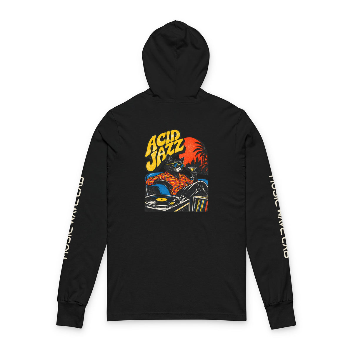 Acid Jazz Hooded Long Sleeve Tee — Retro Record Player Graphic