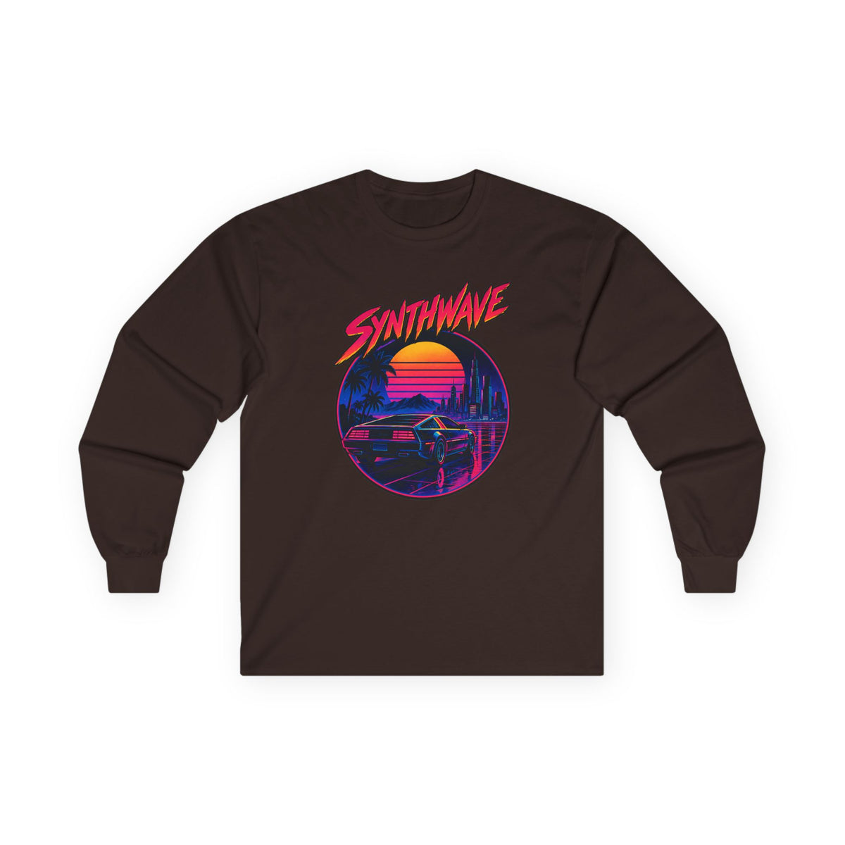 Synthwave Sunset Long Sleeve Tee — Retro Vaporwave Miami Night Graphic