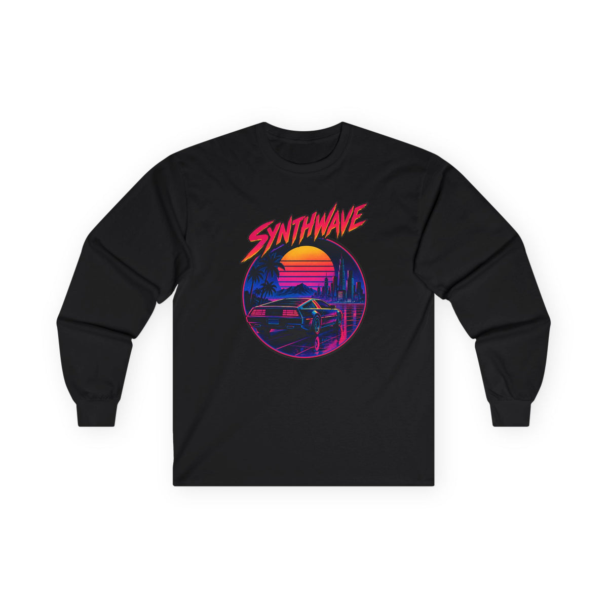 Synthwave Sunset Long Sleeve Tee — Retro Vaporwave Miami Night Graphic