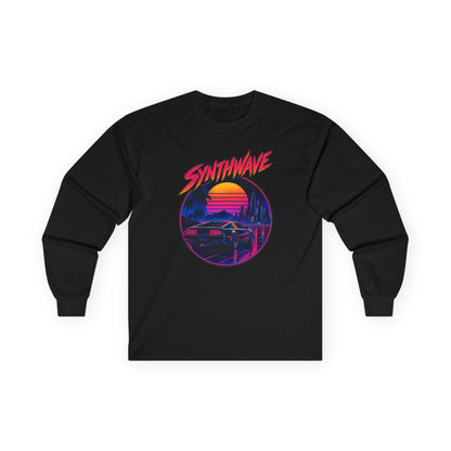 Synthwave Sunset Long Sleeve Tee — Retro Vaporwave Miami Night Graphic