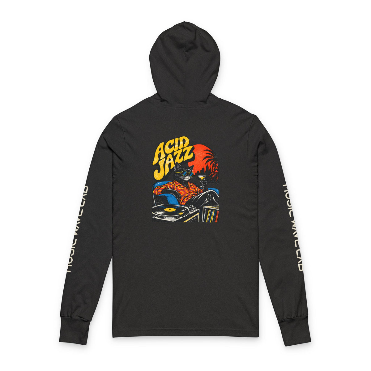 Acid Jazz Hooded Long Sleeve Tee — Retro Record Player Graphic