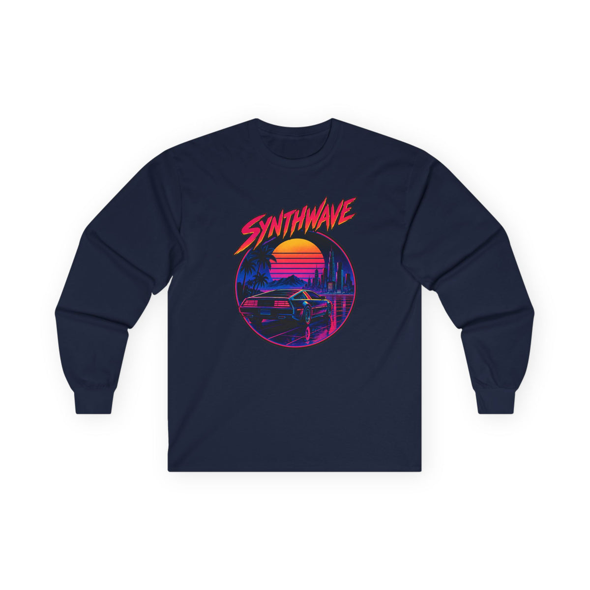 Synthwave Sunset Long Sleeve Tee — Retro Vaporwave Miami Night Graphic