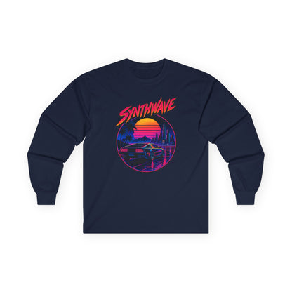 Synthwave Sunset Long Sleeve Tee — Retro Vaporwave Miami Night Graphic