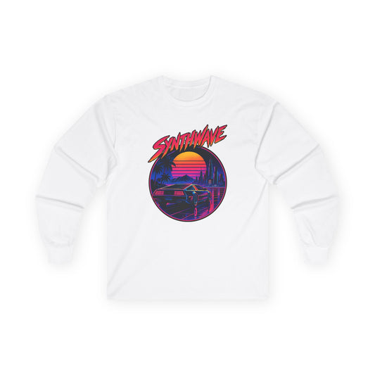 Synthwave Sunset Long Sleeve Tee — Retro Vaporwave Miami Night Graphic