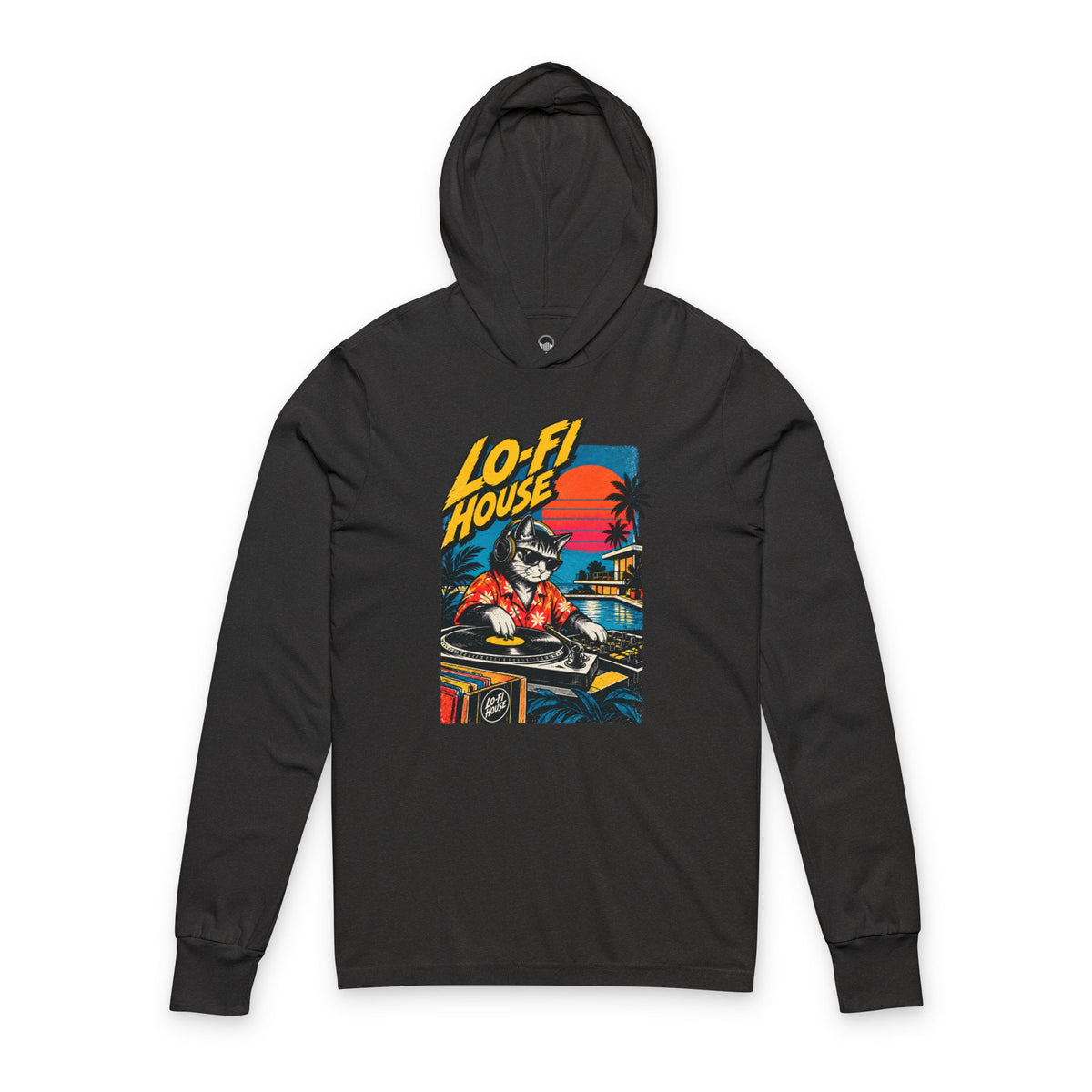 Lo-Fi House Hoodie Tee — Retro DJ Cat Long-Sleeve Hooded Shirt