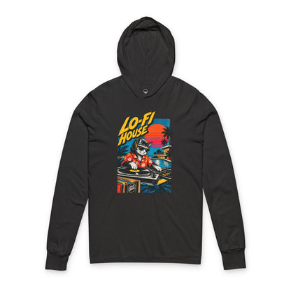 Lo-Fi House Hoodie Tee — Retro DJ Cat Long-Sleeve Hooded Shirt