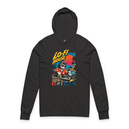 Lo-Fi House Hoodie Tee — Retro DJ Cat Long-Sleeve Hooded Shirt