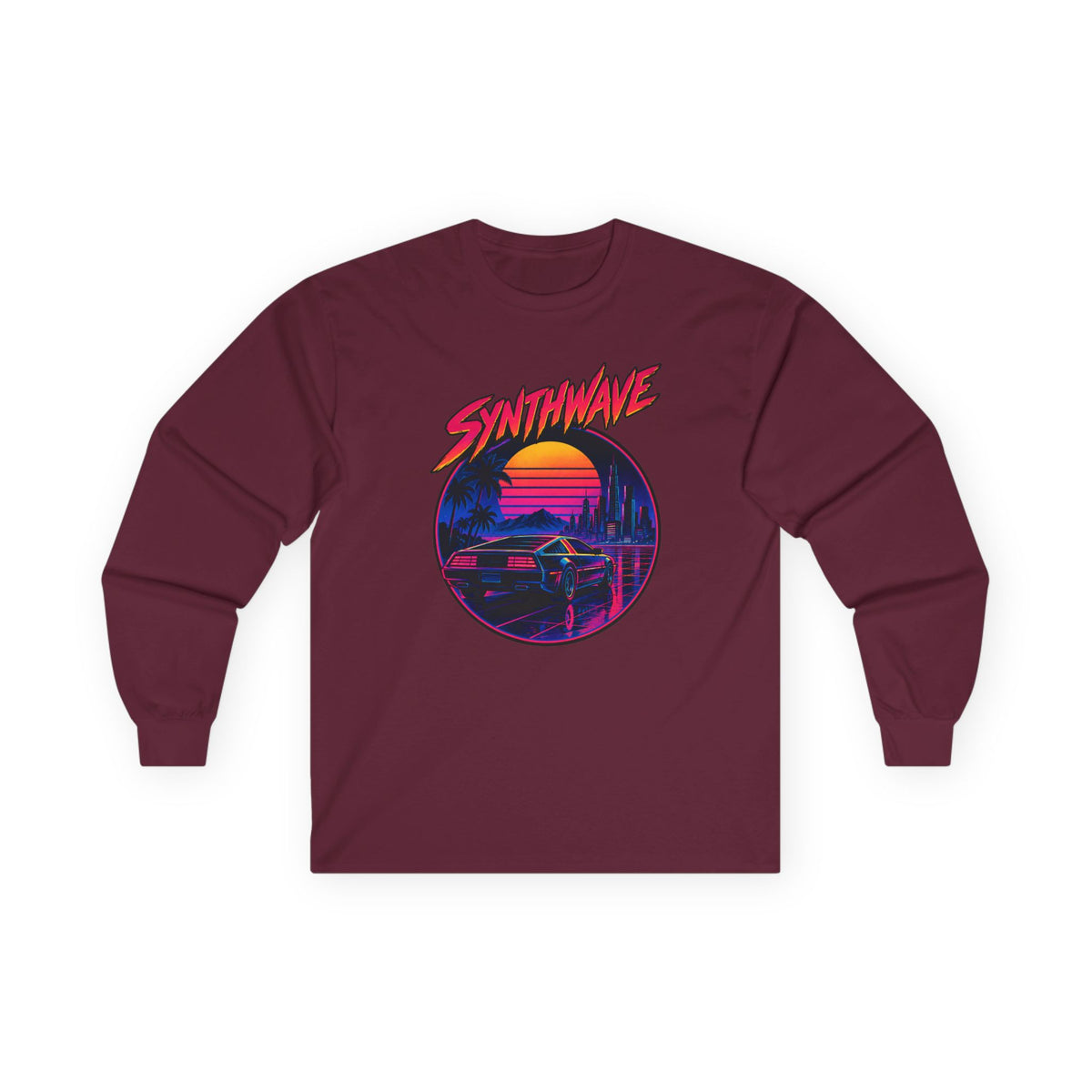 Synthwave Sunset Long Sleeve Tee — Retro Vaporwave Miami Night Graphic
