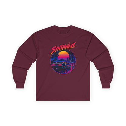 Synthwave Sunset Long Sleeve Tee — Retro Vaporwave Miami Night Graphic