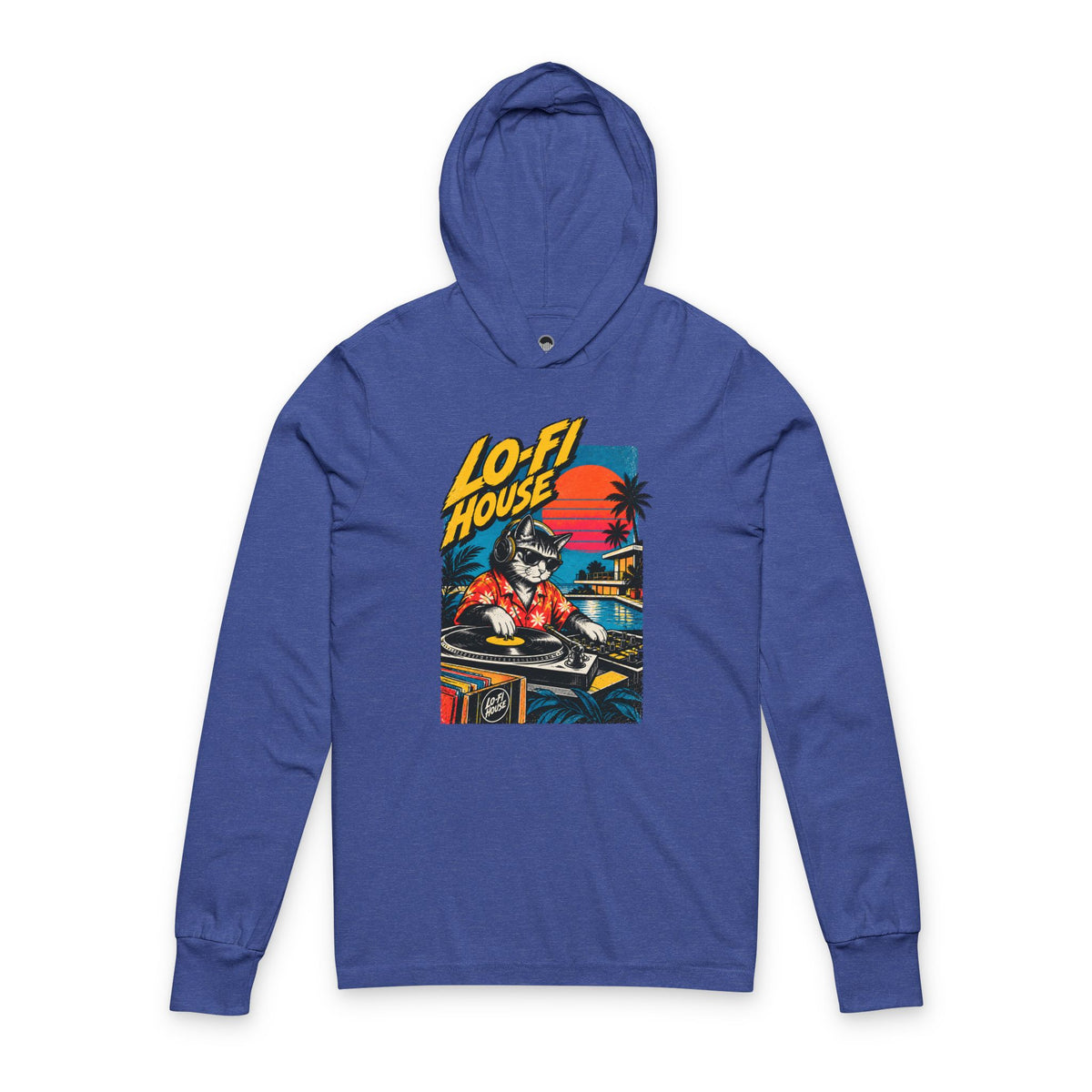 Lo-Fi House Hoodie Tee — Retro DJ Cat Long-Sleeve Hooded Shirt