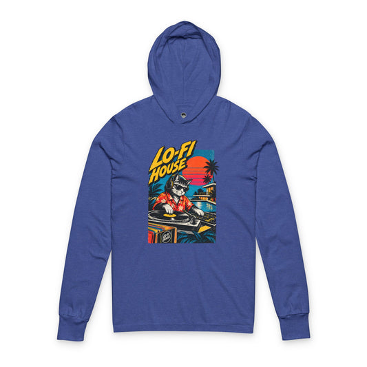Lo-Fi House Hoodie Tee — Retro DJ Cat Long-Sleeve Hooded Shirt